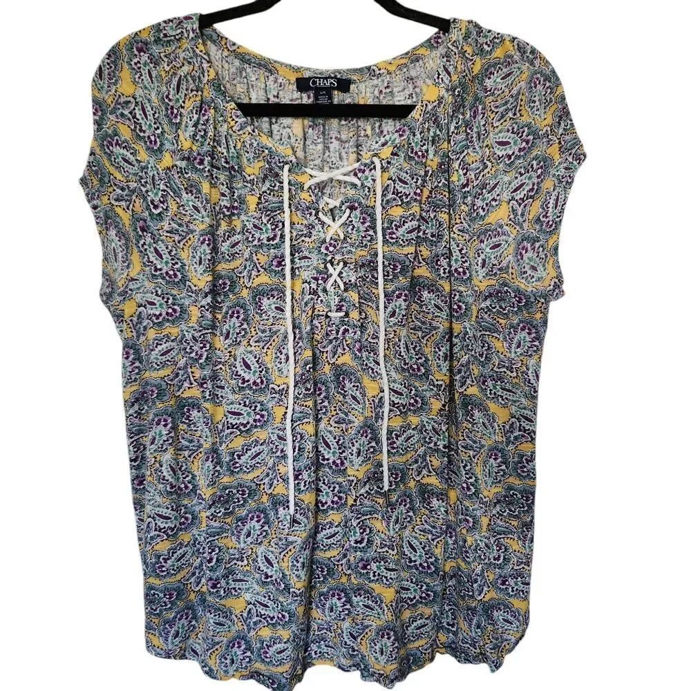 Chaps Womens Short Sleeve Laced Tie Neck Patterned Top Size Large